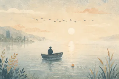 Boat on Calm Misty Lake at Dawn