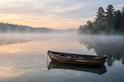 Solitary Rowboat on Misty Dawn Lake