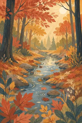 Autumn Brook Through Misty Forest