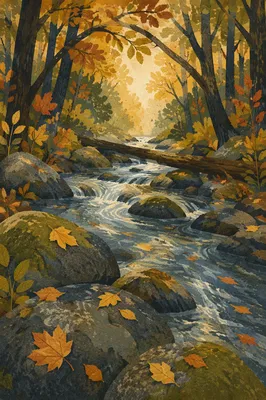 Autumn Brook Through Forest Leaves