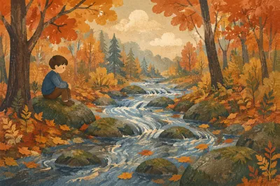Autumn Forest Brook with Golden Leaves