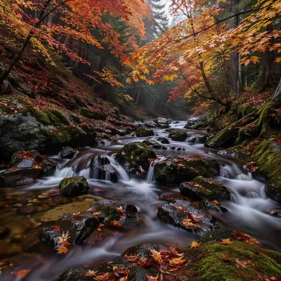 Autumn Brook Through Forest Ravine