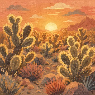 Golden Cholla Cactus Desert Sunset
