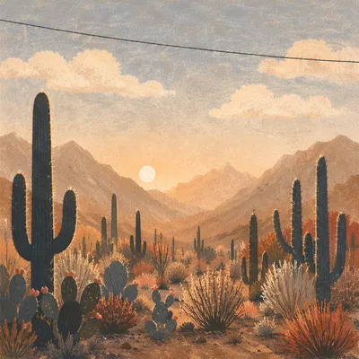Warm Sunset Cactus Desert Landscape