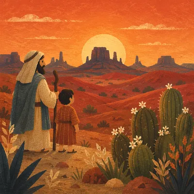 Sunset Desert Cacti and Red Dunes