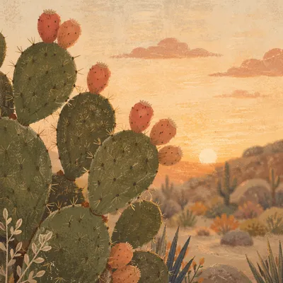 Prickly Pear Cactus at Desert Sunset
