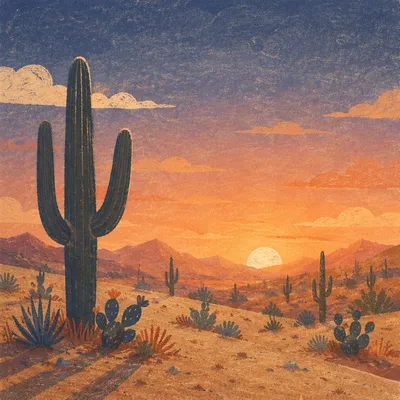 Serene Cactus Desert Sunset Landscape