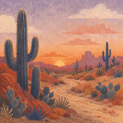 Warm Desert Sunset with Towering Cacti