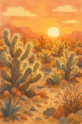 Golden Sunset Cholla Cactus Desert Landscape