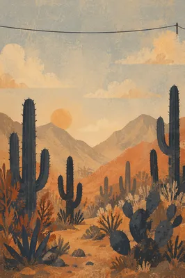 Warm Sunset Cactus Desert Landscape