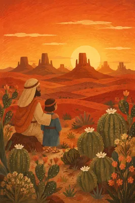 Flowering Cacti at Warm Desert Sunset
