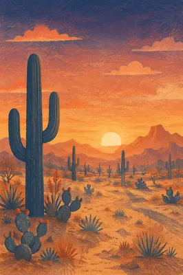 Serene Desert Cactus Sunset Landscape