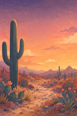 Serene Desert Cactus Sunset Landscape