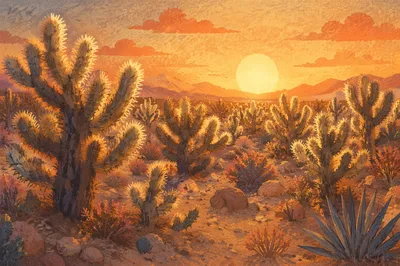 Golden Sunset Over Cholla Cactus Desert