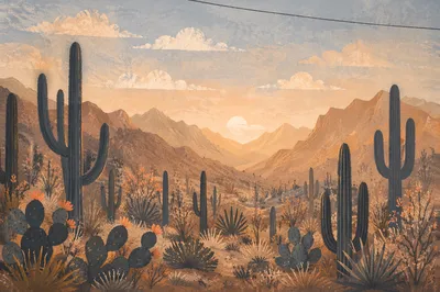 Warm Sunset Cactus Desert Landscape