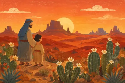 Flowering Cacti at Warm Desert Sunset