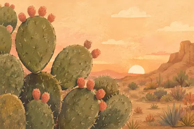 Prickly Pear Cactus at Desert Sunset