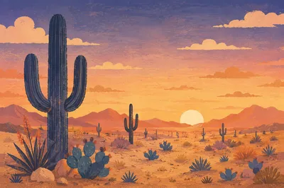 Serene Desert Cactus Sunset Landscape