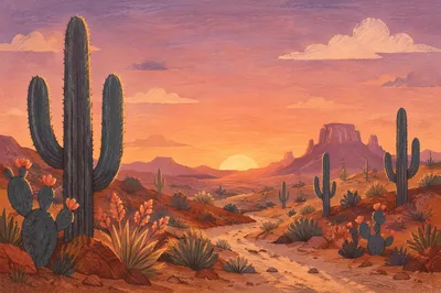 Warm Desert Sunset with Cactus Silhouettes