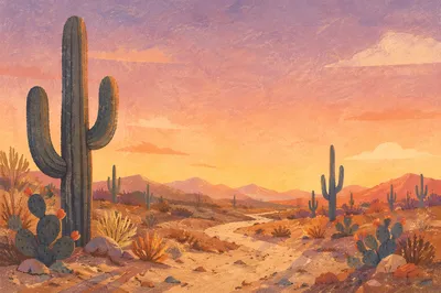 Serene Desert Cactus Sunset Landscape