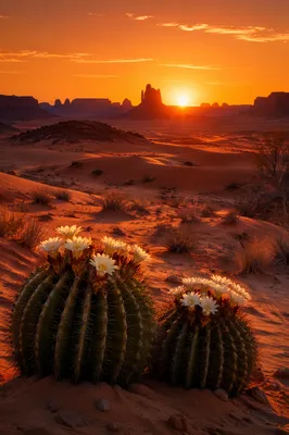 Sunset Desert Cacti and Red Dunes