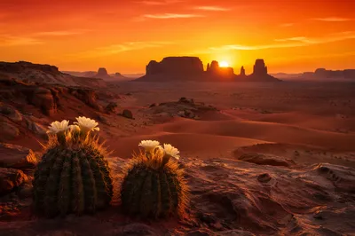Flowering Cacti at Warm Desert Sunset