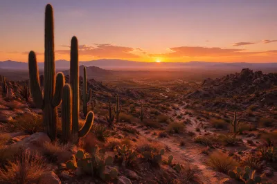 Sunset Cactus Desert Landscape in Warm Tones