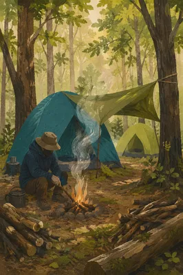 Morning Camping Tents in Forest Clearing