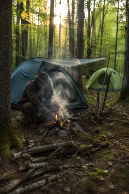 Morning Camping Tents in Forest Clearing