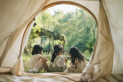 Children Outside Tent in Morning Forest