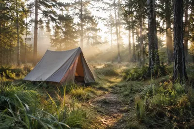 Morning Light on Forest Camping Tent
