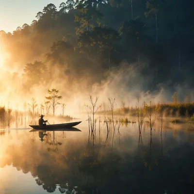 Lone Canoe on Misty River at Dawn