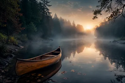 Lone Canoe on Misty River at Dawn
