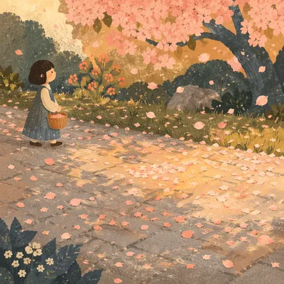 Cherry Blossom Petals on Spring Garden Path