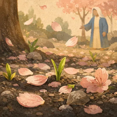 Cherry Blossom Petals on Spring Soil