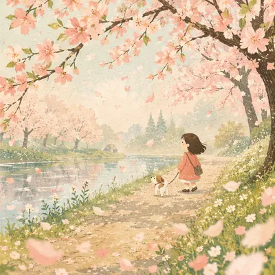Cherry Blossom Petals Drifting by Riverside