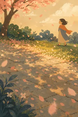 Cherry Blossom Petals on Spring Garden Path