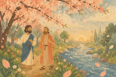 Cherry Blossom Petals Drifting by Riverside