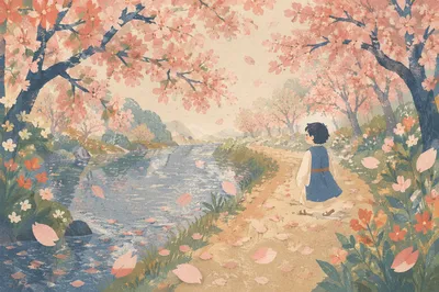 Cherry Blossom Petals in Spring Breeze