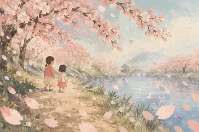 Cherry Blossom Petals Drifting by Riverside