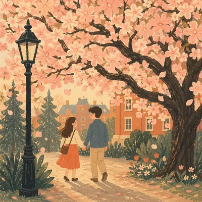 Blooming Cherry Trees in Golden Spring Light
