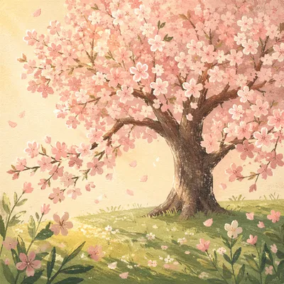 Blooming Cherry Tree in Quiet Spring Meadow