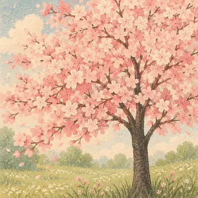 Pink Cherry Blossom Tree in Spring Meadow