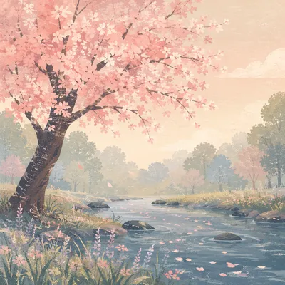 Cherry Blossom Tree by Misty Meadow Stream