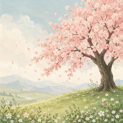 Cherry Blossom Tree on Misty Spring Hill
