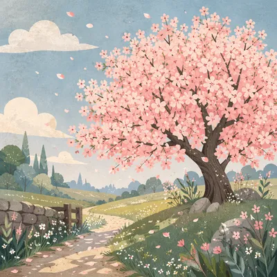 Cherry Blossom Tree by Meadow Path