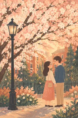 Blooming Cherry Trees in Golden Spring Light