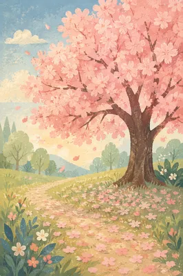 Blooming Cherry Blossom Meadow in Spring