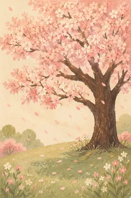 Blooming Cherry Blossom Tree in Spring Meadow