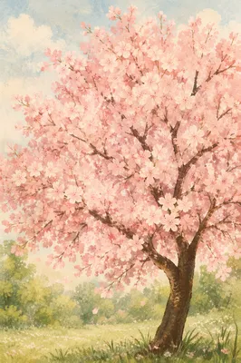 Pink Cherry Blossom Tree in Spring Meadow